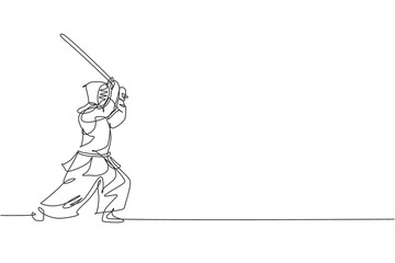 One single line drawing of young energetic man exercise attack skill on kendo with wooden sword at gym center vector illustration. Combative fight sport concept. Modern continuous line draw design