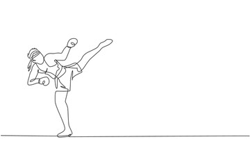 Single continuous line drawing young sportive man training thai boxing at gym club center. Combative muay thai sport concept. Competition event. Trendy one line draw graphic design vector illustration