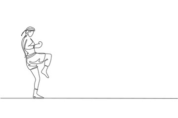 One single line drawing of young energetic muay thai fighter man exercising at gym fitness center vector graphic illustration. Combative thai boxing sport concept. Modern continuous line draw design