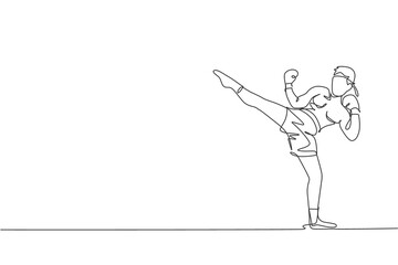 One single line drawing of young energetic muay thai fighter man exercising at gym fitness center vector illustration graphic. Combative thai boxing sport concept. Modern continuous line draw design
