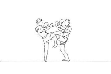 One single line drawing of two young energetic muay thai fighter men exercising at gym fitness center vector illustration. Combative thai boxing sport concept. Modern continuous line draw design