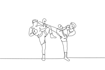 One continuous line drawing of young sporty muay thai boxer man kicking the opponent head in match game at box arena. Fighting sport game concept. Dynamic single line draw design vector illustration