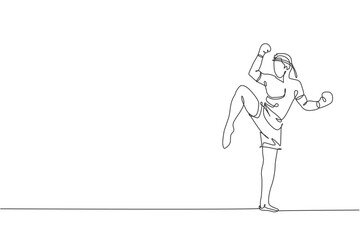 One single line drawing of young energetic muay thai fighter man pose before fighting at gym fitness center vector illustration. Combative thai boxing sport concept. Modern continuous line draw design