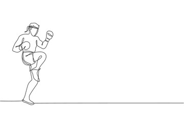 Fototapeta na wymiar One single line drawing of young energetic muay thai fighter man exercising kick at gym fitness center vector illustration. Combative thai boxing sport concept. Modern continuous line draw design
