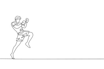 Fototapeta na wymiar One continuous line drawing of young sporty muay thai boxer man preparing to fight, stance kick at box arena. Fighting sport game concept. Dynamic single line draw design vector graphic illustration