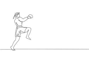 Fototapeta na wymiar One continuous line drawing of young sporty muay thai boxer man preparing to fight, stance kick at box arena. Fighting sport game concept. Dynamic single line draw design graphic vector illustration