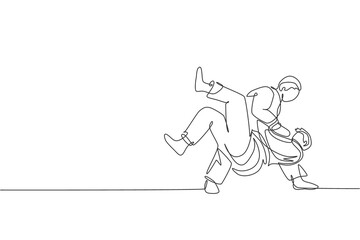 One continuous line drawing of two young sporty men training judo technique at sport hall. Jiu jitsu battle fight sport competition concept. Dynamic single line draw graphic design vector illustration