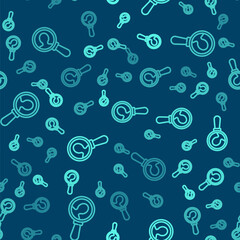 Green line Magnifying glass for search a people icon isolated seamless pattern on blue background. Recruitment or selection concept. Search for employees and job. Vector.