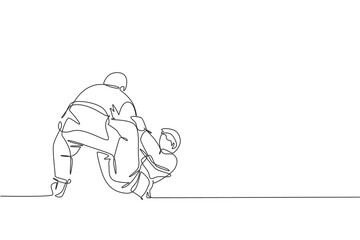 One single line drawing of two young energetic judokas fighter men battle fighting at gym center graphic vector illustration. Martial art sport competition concept. Modern continuous line draw design