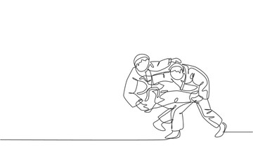 Single continuous line drawing of two young sportive judoka fighter men practice judo skill at dojo gym center. Fighting jujitsu, aikido sport concept. Trendy one line draw design vector illustration