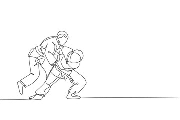 One single line drawing of two young energetic judokas fighter men focus battle fighting at gym center vector illustration. Martial art sport competition concept. Modern continuous line draw design