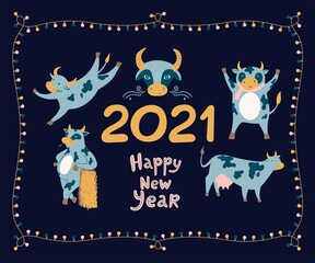 Vector set with symbol of New Year on dark background.  Chinese calendar, 2021 year of ox. Funny character of cows and bulls. Hand drawn lettering
