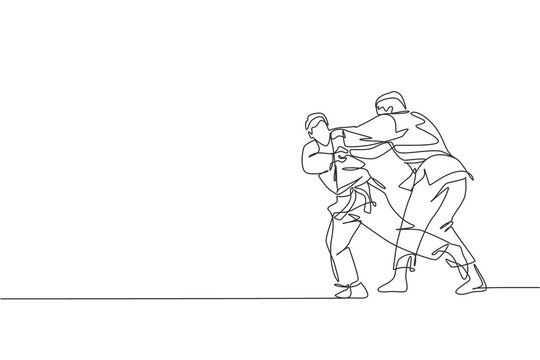 recommend clip art: One single line drawing of two young energetic judokas fighter men battle fighting at gym center vector graphic illustration. Martial art sport competition concept. Modern continuous line draw design