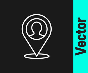White line Map marker with a silhouette of a person icon isolated on black background. GPS location symbol. Vector.