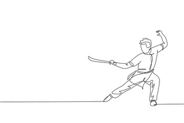 Fototapeta premium One continuous line drawing of young wushu master man, kung fu warrior in kimono with sword on training. Martial art sport contest concept. Dynamic single line draw design graphic vector illustration