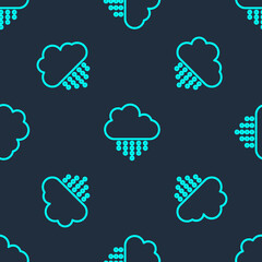 Green line Cloud with rain icon isolated seamless pattern on blue background. Rain cloud precipitation with rain drops. Vector.