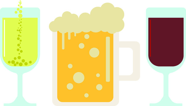 vector image of a glass of champagne, a glass of red wine and a glass of beer