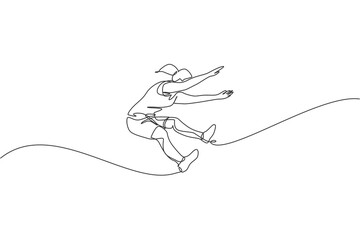 Single continuous line drawing of young sportive woman training long jump in the field. Healthy athletic sport concept. Tournament event. Trendy one line draw design vector graphic illustration