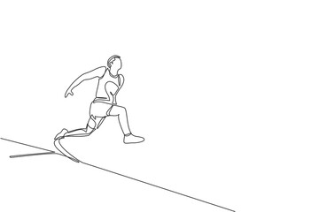 One single line drawing of young sporty man exercise running before long jump into sand pool vector illustration. Healthy athletic sport concept. Competition event. Modern continuous line draw design