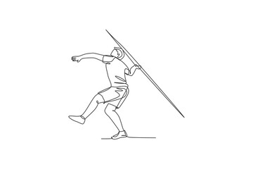 One single line drawing of young energetic man exercise aiming javelin throw to target area graphic vector illustration. Healthy lifestyle athletic sport concept. Modern continuous line draw design