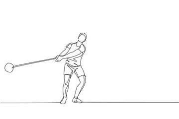 Single continuous line drawing of young sportive man practice to concentrate while swinging hammer on the court stadium. Athletic games sport concept. Trendy one line draw design vector illustration