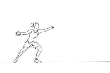 Fototapeta na wymiar One continuous line drawing of young sporty woman exercise to throw discus powerfully on the field. Athletic games. Olympic sport concept. Dynamic single line draw design vector illustration graphic