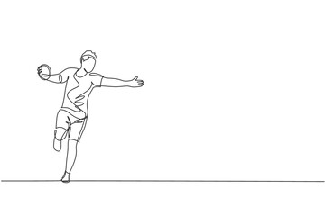 One continuous line drawing of young sporty man exercise to focus while swinging discus on the field. Athletic games. Olympic sport concept. Dynamic single line draw graphic design vector illustration