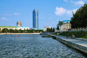 Fototapeta na wymiar View from the city pond to the skyscrapers of Yekaterinburg, Russia