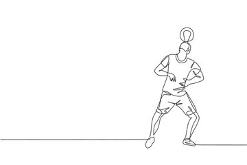 One single line drawing of young happy man perform soccer freestyle, keep the ball on head at the city square vector illustration. Football freestyler sport concept. Modern continuous line draw design