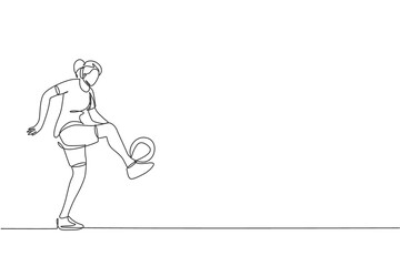 One continuous line drawing of young sporty woman soccer freestyler player practice ball juggling in the street. Football freestyle sport concept. Dynamic single line draw design vector illustration