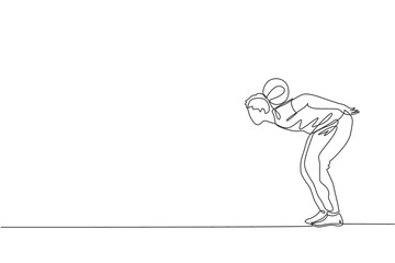 One continuous line drawing of young sporty man soccer freestyler practice hold the ball with nape in the street. Football freestyle sport concept. Dynamic single line draw design vector illustration