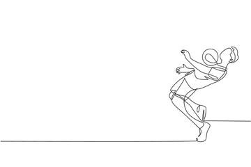 One single line drawing young happy man perform soccer freestyle hold the ball with chest at the city square vector illustration graphic. Football freestyler sport concept. Continuous line draw design