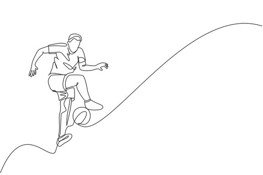 One single line drawing of young happy man perform soccer freestyle, jump juggling at the city square graphic vector illustration. Football freestyler sport concept. Modern continuous line draw design