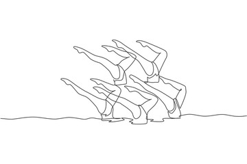 One continuous line drawing of young sporty women synchronized swimmer perform beauty leg movement in the water pool. Healthy fitness sport concept. Dynamic single line draw design vector illustration
