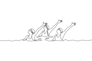 Single continuous line drawing of young sportive women perform beautiful synchronized swimming choreography. Group water sport competition concept. Trendy one line draw design vector illustration