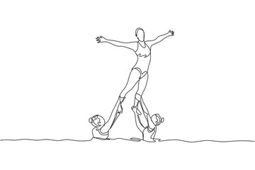 Single continuous line drawing of young sportive women perform beautiful synchronized swimming choreography. Group water sport competition concept. Trendy one line draw design vector illustration