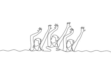 Single continuous line drawing of young sportive women perform beautiful synchronized swimming choreography. Group water sport competition concept. Trendy one line draw design vector illustration