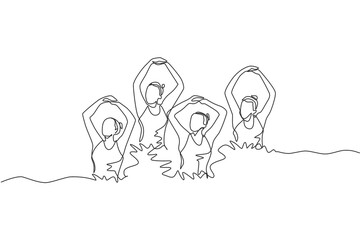 One continuous line drawing of young sporty women synchronized swimmer perform beauty movement in the water pool. Healthy fitness sport concept. Dynamic single line draw design vector illustration