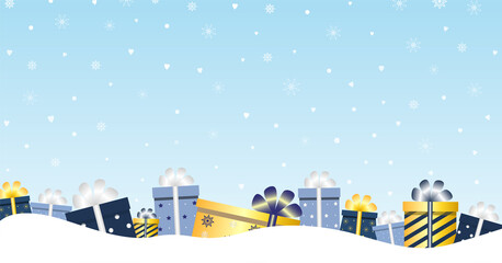 Vector illustration of horizontal banner with gift boxes in the snow. For cover, website.