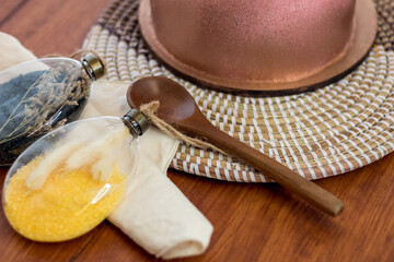 Decorative set in brown and wood tones arranged on a table.