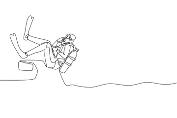 One continuous line drawing young sporty man jump down into the sea ocean from motor boat to do scuba diving. Healthy water sport concept. Dynamic single line draw design vector graphic illustration