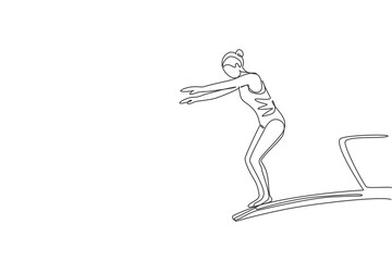One continuous line drawing young sporty woman standing at diving board ready to jump into the swimming pool. Healthy water sport concept. Dynamic single line draw design graphic vector illustration