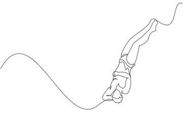 Single continuous line drawing of young sportive man jumping and somersaulting from diving board into the pool. Competition event. Water sport concept. Trendy one line draw design vector illustration