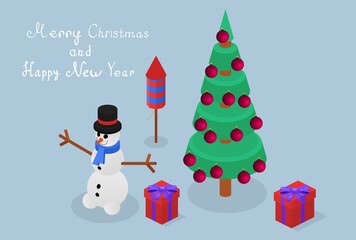Isometric illustration with snowman, firework, pine and gift boxes.