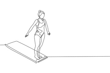 Single continuous line drawing of young sportive woman standing at diving board ready to jump into pool. Competition event. Beauty diving sport concept. Trendy one line draw design vector illustration