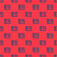 Blue line Cryptocurrency coin Bitcoin icon isolated seamless pattern on red background. Physical bit coin. Blockchain based secure crypto currency. Vector.