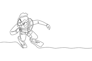 Single continuous line drawing of young sportive man pose at sea ocean while scuba diving to see coral reefs and sea life. Underwater sport concept. Trendy one line draw design vector illustration