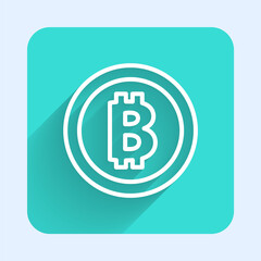 White line Cryptocurrency coin Bitcoin icon isolated with long shadow. Physical bit coin. Blockchain based secure crypto currency. Green square button. Vector.