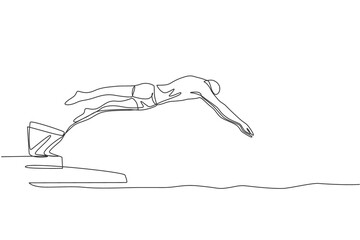 One single line drawing of young sporty fit swimmer jump to practice swimming in indoor pool sport center vector illustration. Healthy lifestyle and sport concept. Modern continuous line draw design