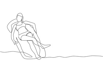 Single continuous line drawing of young happy woman tanning and relaxing at air mattress in swimming pool center. Summer holidays and vacation concept. Trendy one line draw design vector illustration